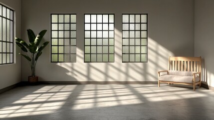 Sunlit Minimalist Interior with Beige Bench and Potted Plant