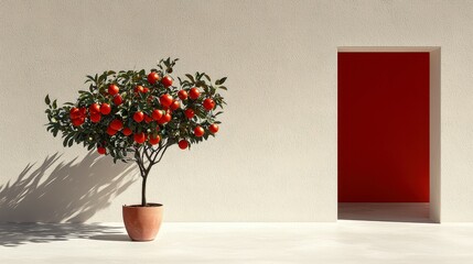 Sunlit Orange Tree in Terracotta Pot Against White Wall and Red Door