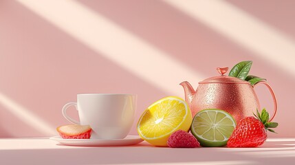 Sunlit Still Life of Tea with Citrus and Berries