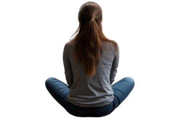 Woman sits on floor with legs crossed, isolated on transparent background, reflecting serenity and contemplation in a quiet moment