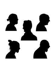 Young, teen and old man faces character side view silhouette