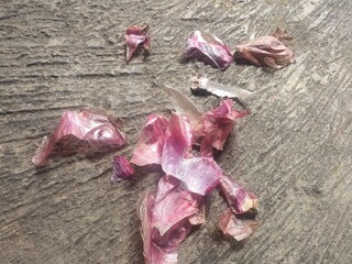Close-up of Chopped Red Onion Pieces Scattered on a Rough Surface