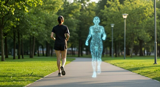 Woman runs in a park accompanied by a holographic runner, Woman jogging on a path with an advanced virtual training partner in a lush green park