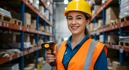 Smiling female warehouse worker using barcode scanner efficient logistics inventory management