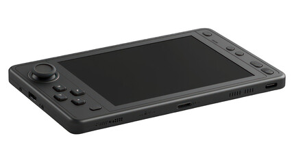 Gray handheld device, angled view, showing a large screen and controller layout