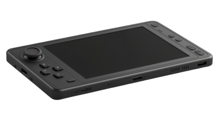 Gray handheld device, angled view, showing a large screen and controller layout