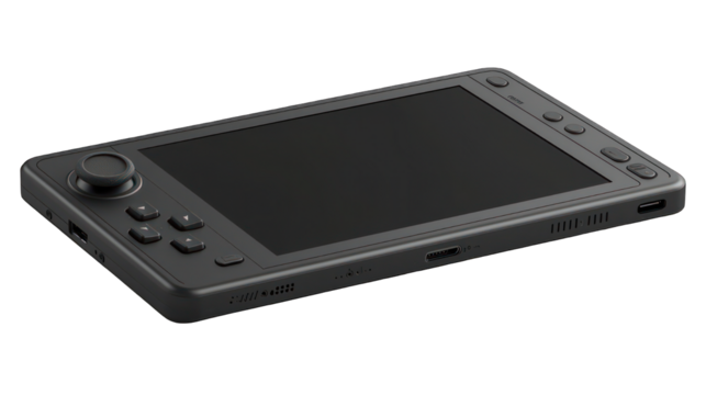 Gray handheld device, angled view, showing a large screen and controller layout