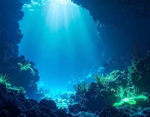 Obraz premium Abyssal Luminance: Bioluminescent Coral Canyon in Pearl-Aquamarine Duochrome