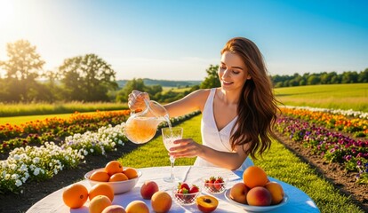 young woman pouring fresh lemonade in a glass