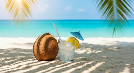 a serene tropical beach scene featuring a whole coconut and a glass of coconut water with a slice of citrus and a small umbrella