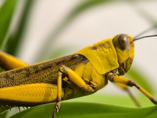 Vibrant Yellow Grasshopper Close-Up Detailed Macro Photography