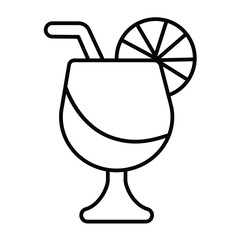 Cocktail cup with orange fruit and straw thin line icon, tropical voyage concept. Vector graphics. Tropical drink, beverage sign on white background, style mobile or design.