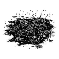 Dynamic Water Puddle with Rain Drops Splashes and Concentric Ripples Black and White Outline Line Art Drawing