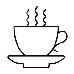 Cup of hot coffee thin line icon, tropical voyage concept. Vector graphics. Coffee drink cup with ceramic saucer sign on white background, style mobile or design.
