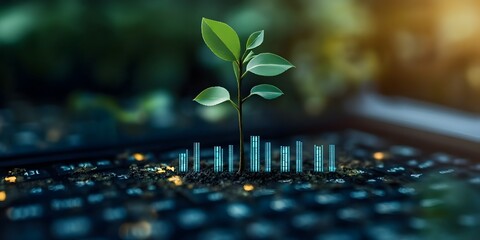 Green Plant Growing from Computer Keyboard Digital Innovation Concept