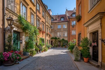 Fototapeta premium Old European alley with cobblestones aged buildings and flowerfilled window boxes