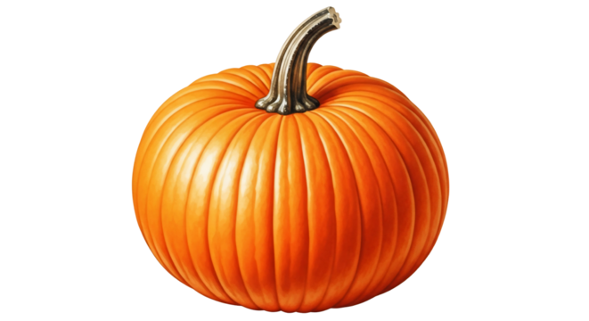 A vibrant orange pumpkin with prominent vertical ridges sits on a plain white background, showcasing its smooth skin and classic autumnal form, ideal for fall-themed designs and culinary projects.