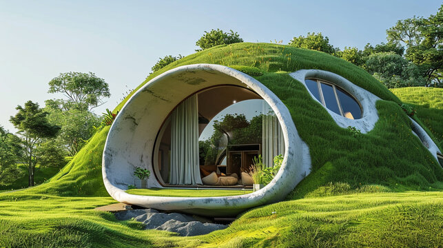Unique Dome-Shaped Earth Home with Grassy Roof Surrounded by Lush Greenery and Large Windows for Natural Light and Scenic Views