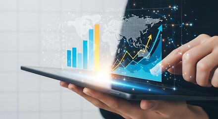 Person analyzing global financial data on tablet