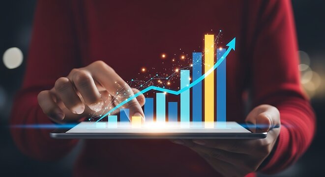 Hands working with digital business growth graph