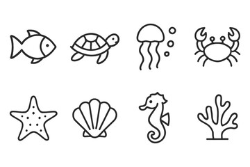 Marine life icons set featuring sea creatures and ocean elements, vector illustration