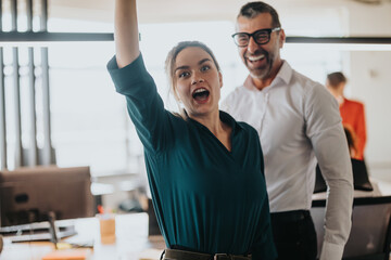 Two enthusiastic business professionals celebrate a successful project in a modern office. One...