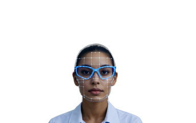 Futuristic AR Facial Recognition Frame with Digital Grid Overlay and Data Scan Markers on Transparent Background for High-Tech UI Designs