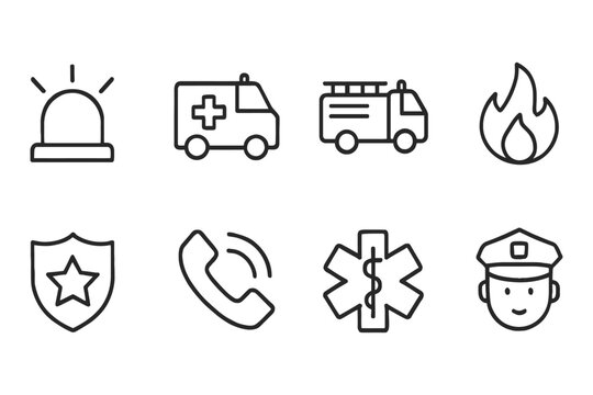 Emergency services and safety icons set featuring ambulance, fire engine, and police officer, vector illustration