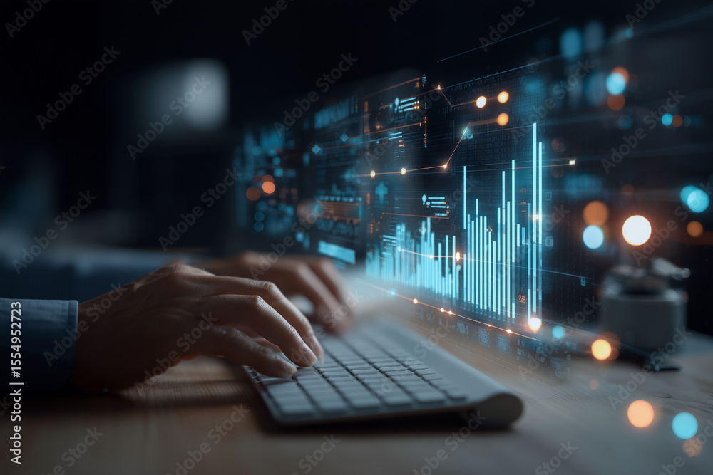 Aufkleber a person is typing on a keyboard with a computer monitor displaying a graph