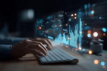 A person is typing on a keyboard with a computer monitor displaying a graph