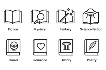 Literary genres icons featuring fiction, mystery, fantasy, science fiction, horror, romance, history, and poetry, vector illustration