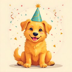 Golden retriever con sombrero de fiesta con confeti sobre un fondo claro