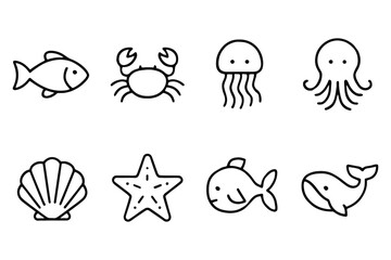 Minimalist marine life icons set featuring fish, crab, jellyfish, octopus, shell, starfish, and whale, vector illustration