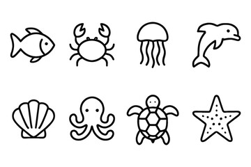 Minimalist sea life icons featuring fish, crab, jellyfish, dolphin, seashell, octopus, turtle, and starfish, vector illustration