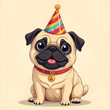 Vector de dibujos animados de un pug festivo que lleva un sombrero de fiesta con una expresi&oacute;n juguetona, sobre un fondo beige.