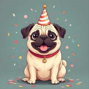 Perro pug feliz con sombrero de cumplea&ntilde;os celebrando con confeti cayendo