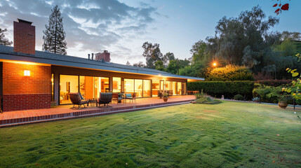 Modern Single Story Ranch House with Long Horizontal Layout Surrounded by Lush Greenery in a Beautiful Evening Light