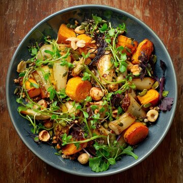 Warm fall salad with roasted parsnips, sweet potatoes and hazelnuts