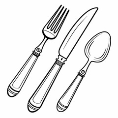 Cutlery Icon Set – Fork, Spoon, Knife Outline Vector Illustration for Menus & Logos