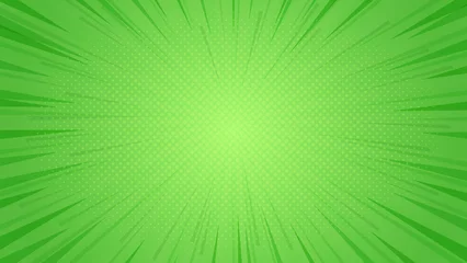 Fotobehang Pop Art Abstract green comic background. Art pop cartoon backdrop. Halftone effect pattern. Fun anime texture. Starburst manga style bg. Mark popart radial gradient. Spiral, swirl, comic rays  © Abhi