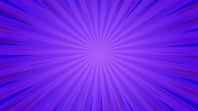 Abstract Purple comic background. Art pop cartoon backdrop. Halftone effect pattern. Fun anime texture. Starburst manga style bg. Mark popart radial gradient. Spiral, swirl, comic rays