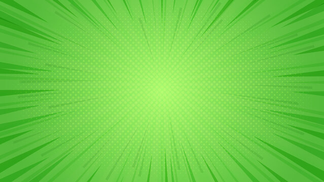 Abstract green comic background. Art pop cartoon backdrop. Halftone effect pattern. Fun anime texture. Starburst manga style bg. Mark popart radial gradient. Spiral, swirl, comic rays