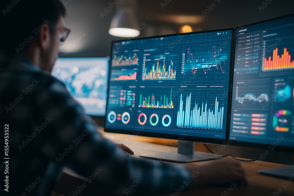 Aufkleber a man is working on a computer with three monitors displaying various graphs