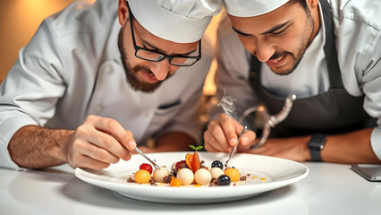 Two professional chefs meticulously plate a gourmet dessert with precision and artistic flair.