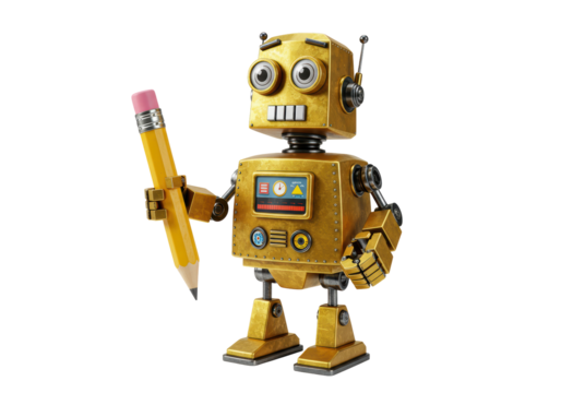 Isolated Retro Golden Robot Holding Pencil