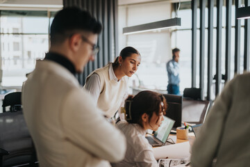 A team of business people engaged in a collaborative brainstorming session in a bright, modern...