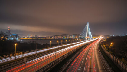 Dynamic urban night scene on a bridge, featuring blurred car lights and fast-moving traffic creating streaks of light along the city highway