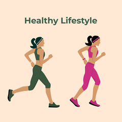 Two girls are engaged in fitness or sports. The girls are running. Healthy lifestyle. Vector illustration on a light background