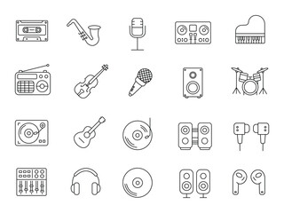Music and Audio outline icons set on white background, Instruments, Headphones, Speakers, and Sound Equipment for Digital and Graphic Design