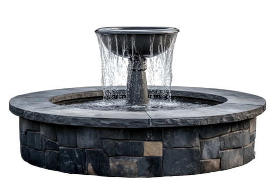 Water fountain with flowing water surrounded by stone base located in outdoor public area providing refreshment and relaxation